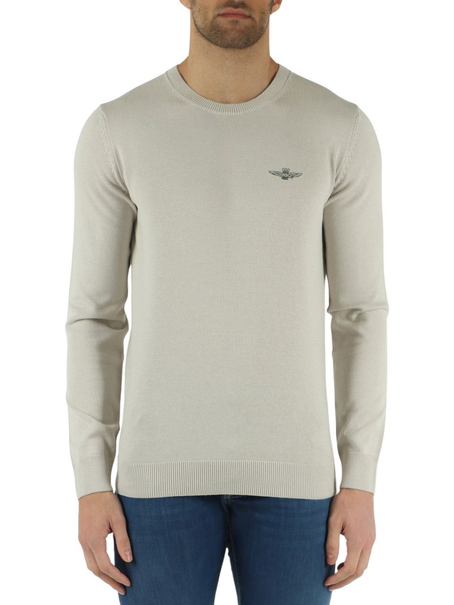 Uomo AERONAUTICA MILITARE | Maglia Girocollo In Cotone Con Ricamo Logo Beige