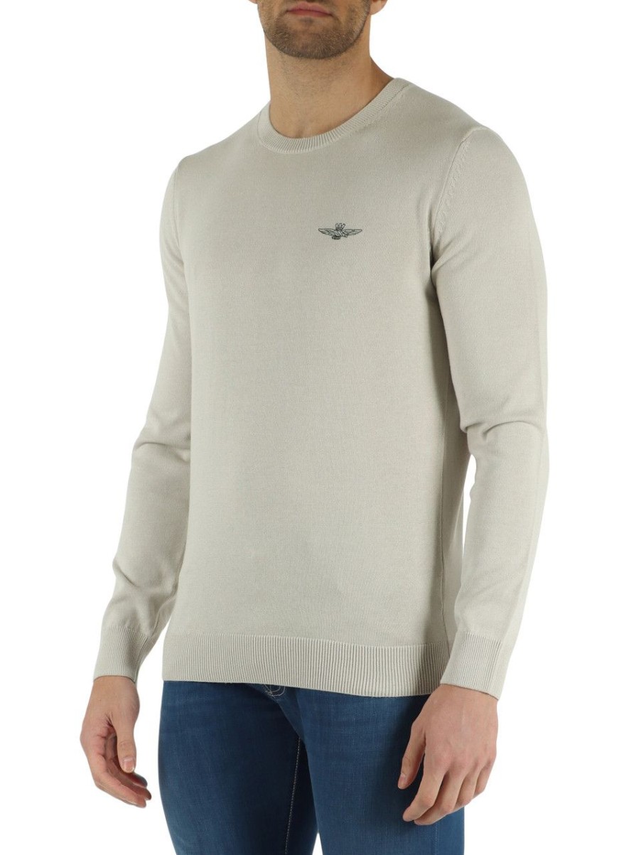 Uomo AERONAUTICA MILITARE | Maglia Girocollo In Cotone Con Ricamo Logo Beige