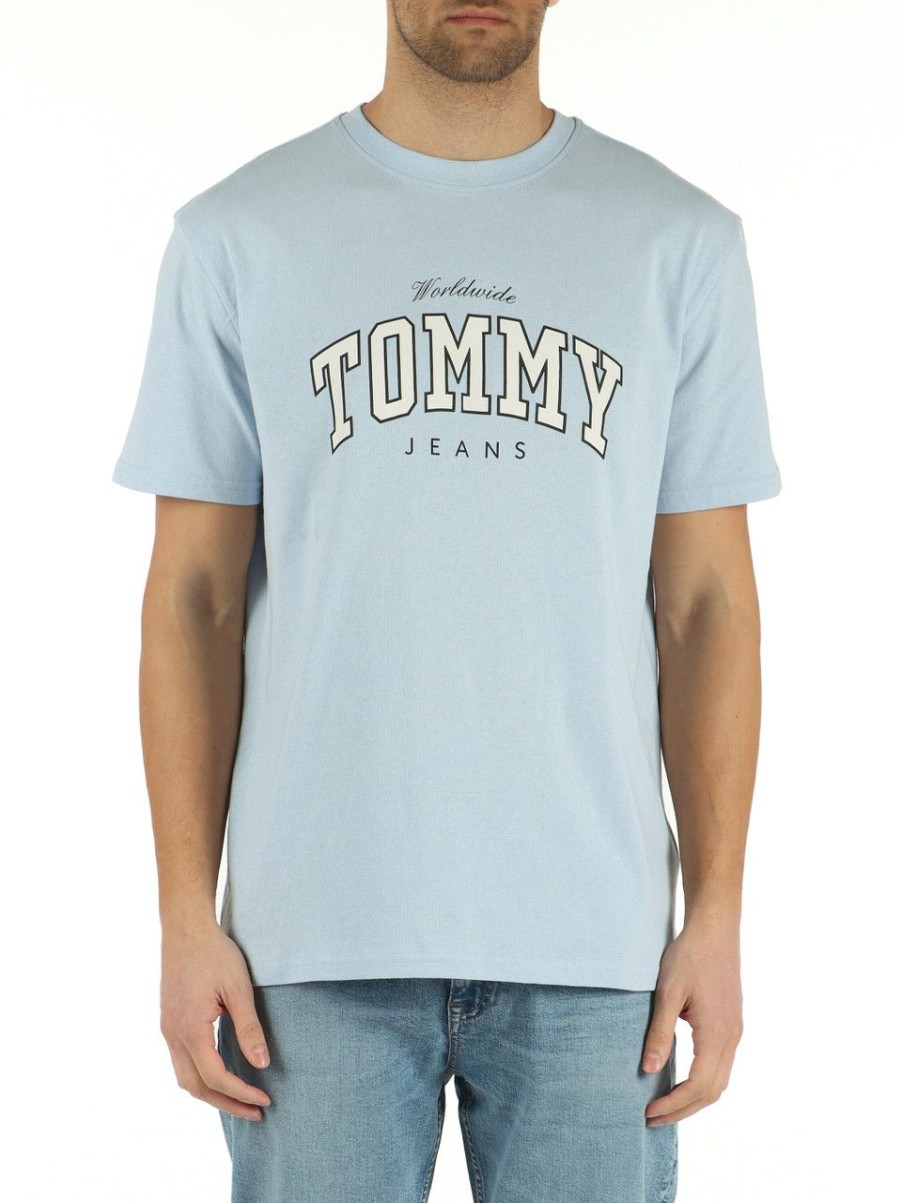 Uomo TOMMY JEANS | T-Shirt In Cotone Con Scritta Logo Frontale Celeste