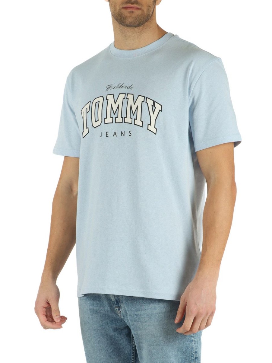 Uomo TOMMY JEANS | T-Shirt In Cotone Con Scritta Logo Frontale Celeste