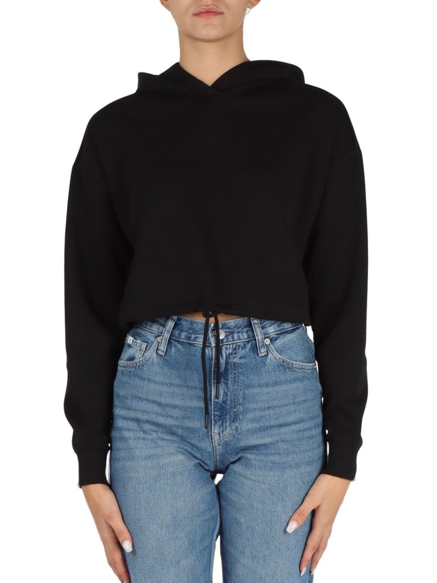 Donna CALVIN KLEIN JEANS | Felpa Cropped In Misto Cotone Con Cappuccio Nero