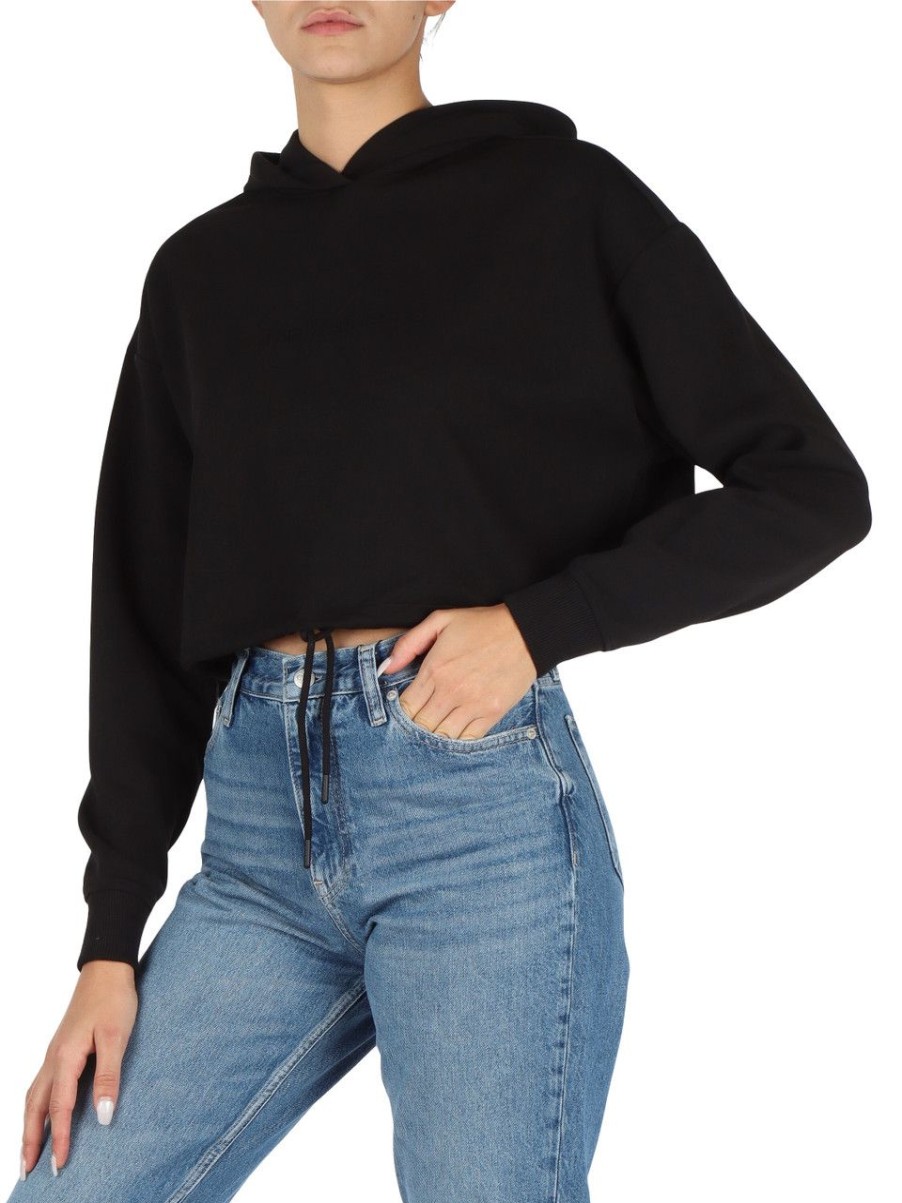 Donna CALVIN KLEIN JEANS | Felpa Cropped In Misto Cotone Con Cappuccio Nero