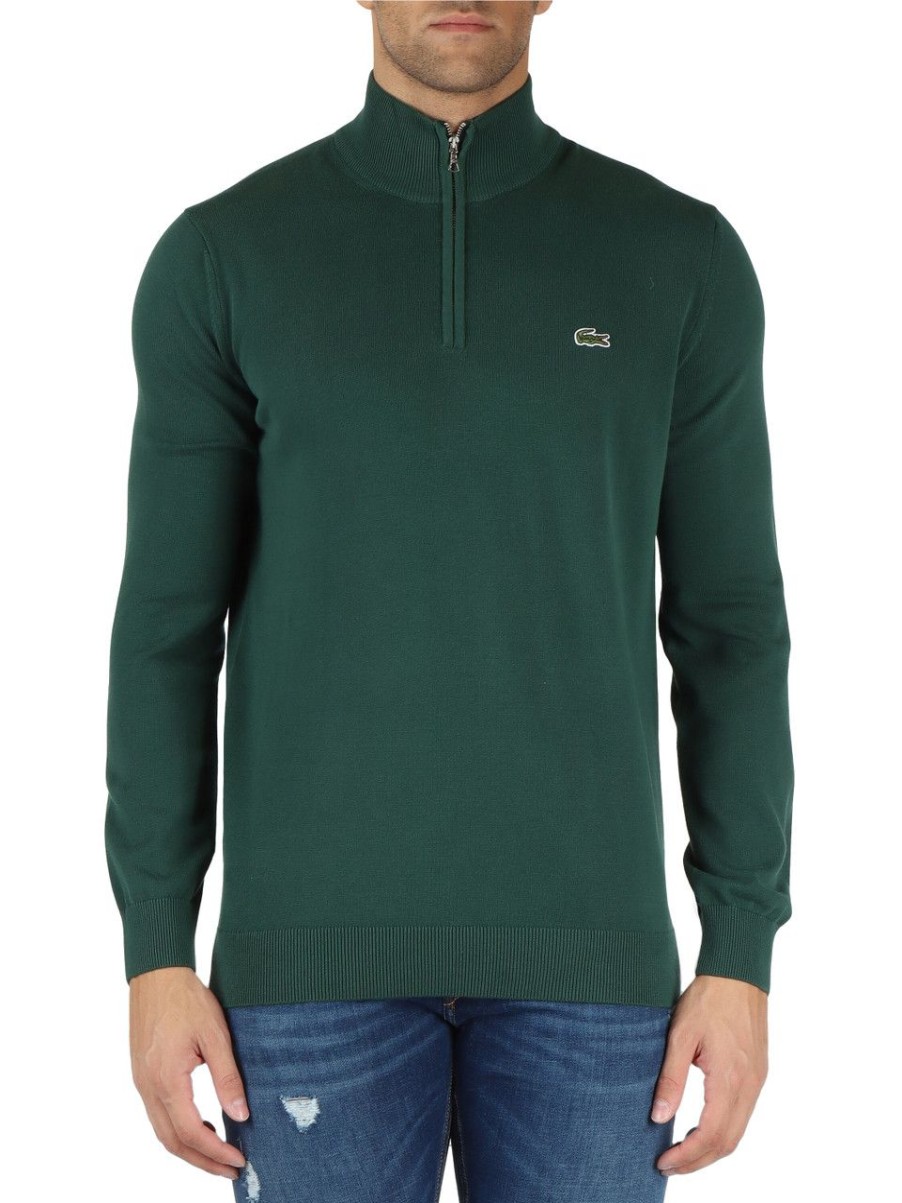 Uomo LACOSTE | Maglia Collo A Zip Regular Fit Con Patch Logo Verde Scuro