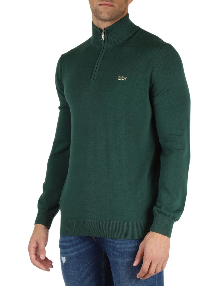 Uomo LACOSTE | Maglia Collo A Zip Regular Fit Con Patch Logo Verde Scuro