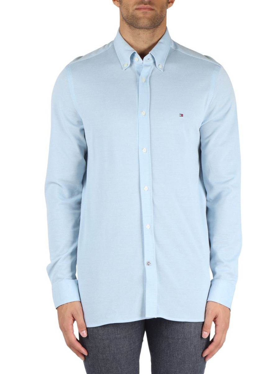 Uomo TOMMY HILFIGER | Camicia Slim Fit In Cotone Piquet Celeste