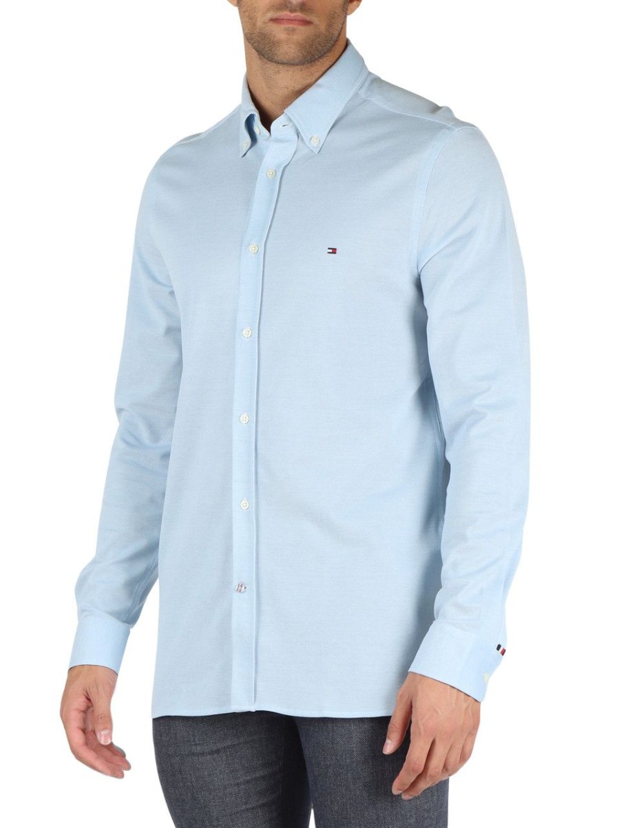 Uomo TOMMY HILFIGER | Camicia Slim Fit In Cotone Piquet Celeste