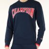 Uomo CHAMPION | Felpa In Misto Cotone Con Scritta Logo Frontale Blu Scuro