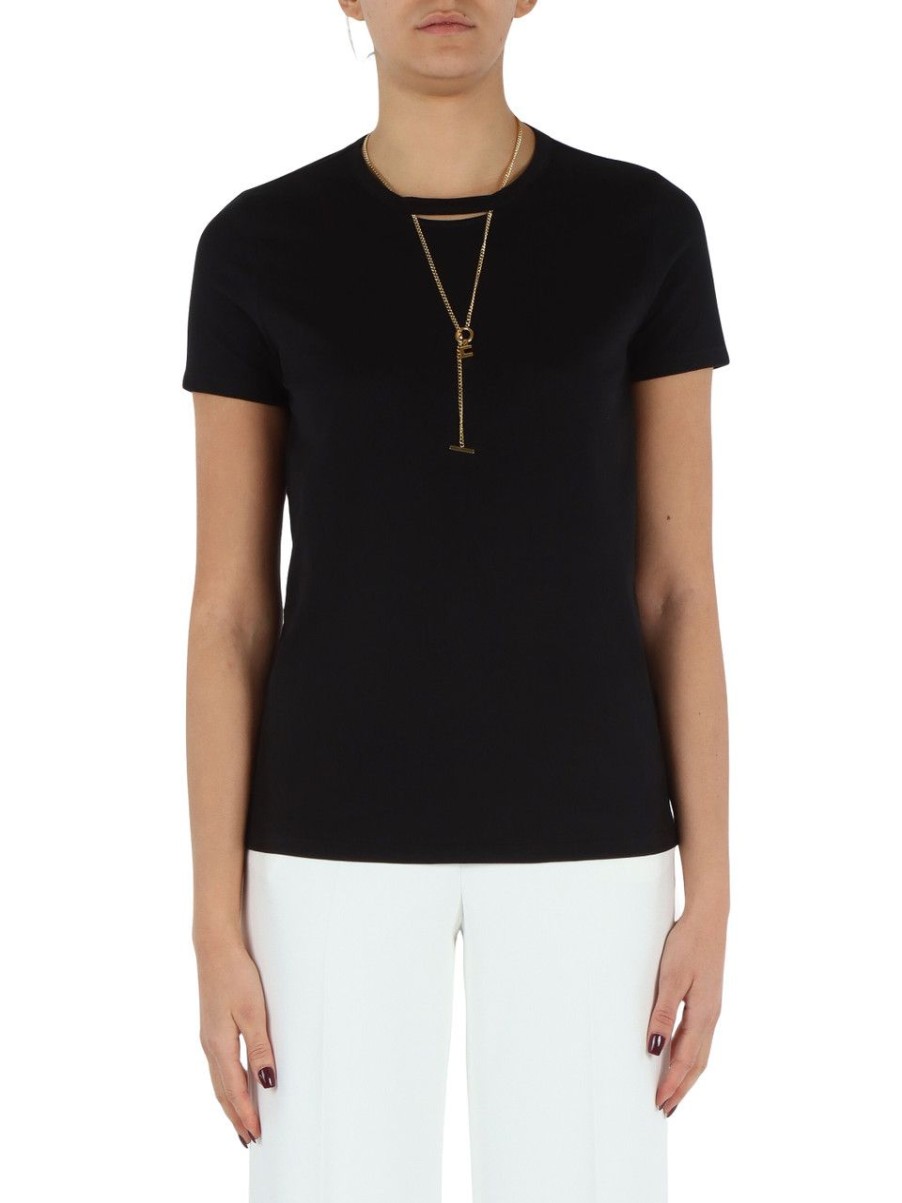 Donna ELISABETTA FRANCHI | T-Shirt In Cotone Con Dettaglio Collana Logo Nero