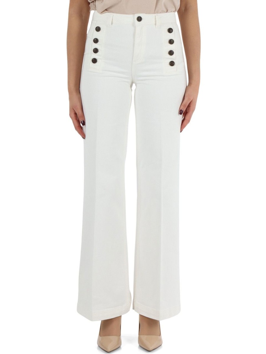 Donna TWINSET | Pantalone Jeans Con Tasche Decorative Bianco