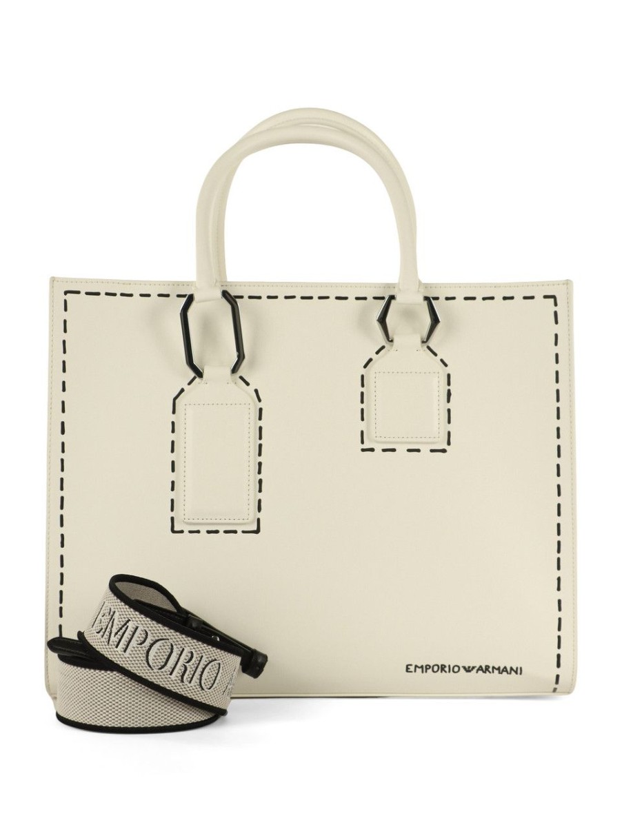 Donna EMPORIO ARMANI | Borsa A Mano Grande Con Stampa Effetto Trompe L'Oeil Bianco