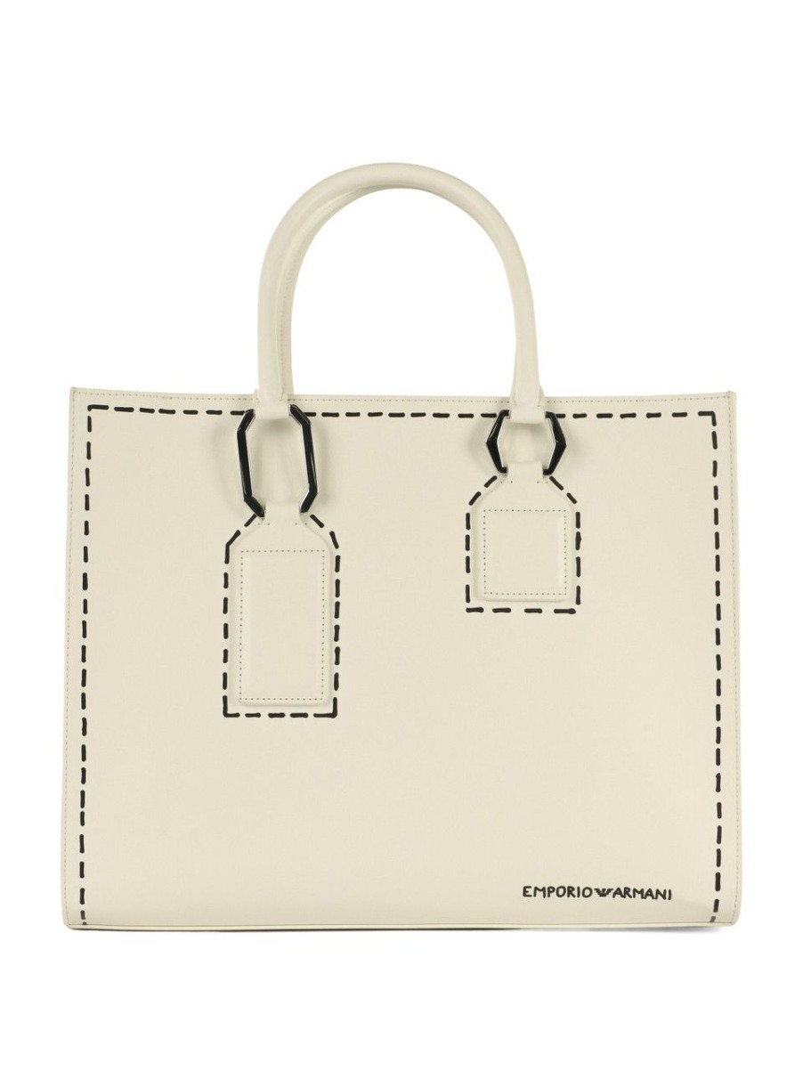 Donna EMPORIO ARMANI | Borsa A Mano Grande Con Stampa Effetto Trompe L'Oeil Bianco