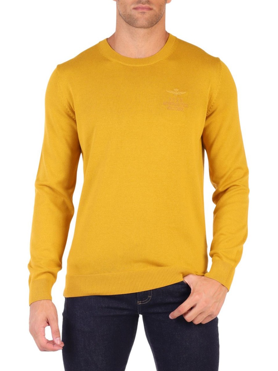 Uomo AERONAUTICA MILITARE | Maglia Girocollo In Cotone Con Ricamo Logo Frontale Giallo Scuro