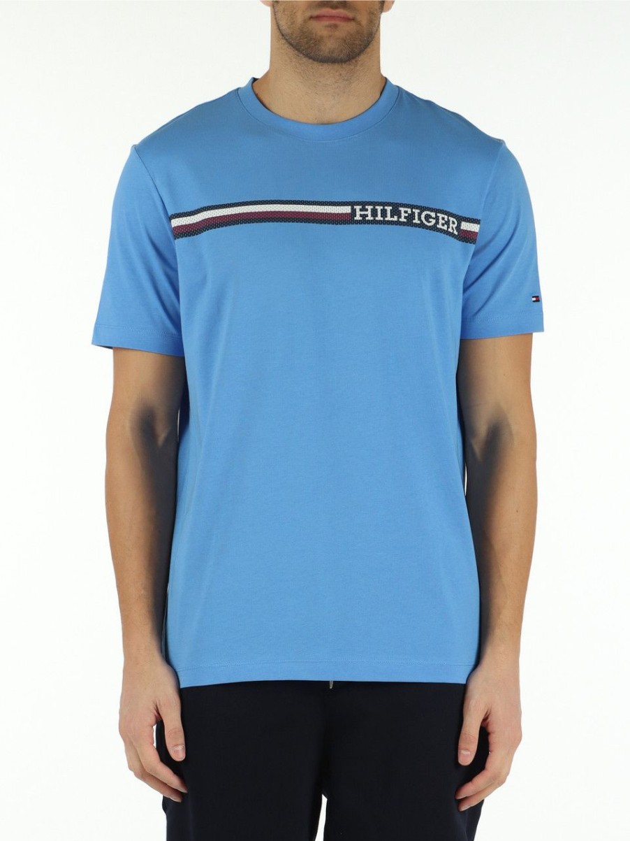 Uomo TOMMY HILFIGER | T-Shirt Regular Fit In Cotone Con Stampa Logo Frontale Azzurro