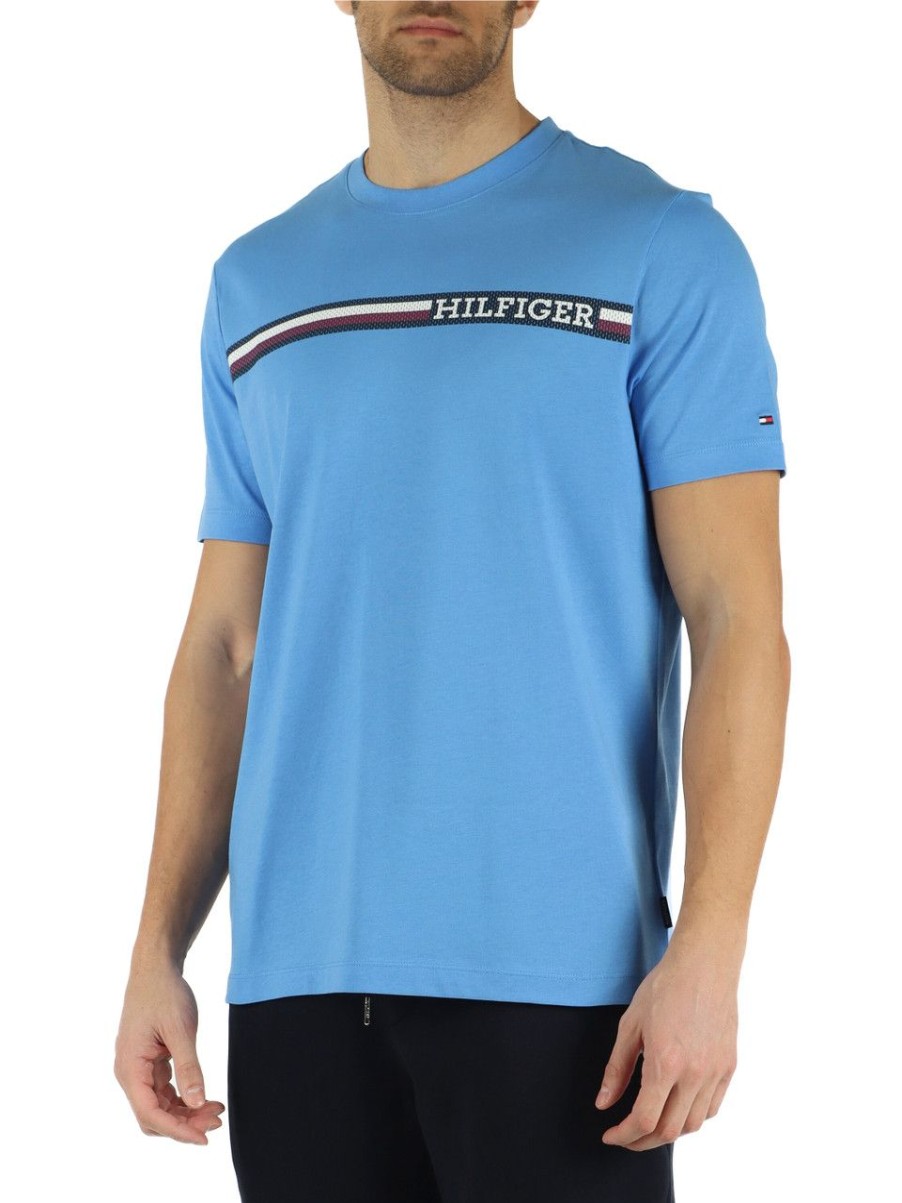 Uomo TOMMY HILFIGER | T-Shirt Regular Fit In Cotone Con Stampa Logo Frontale Azzurro