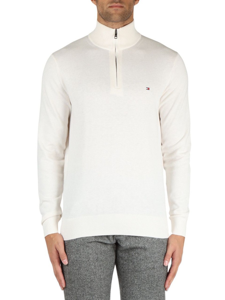 Uomo TOMMY HILFIGER | Maglia In Cotone E Cashmere Con Ricamo Logo Panna