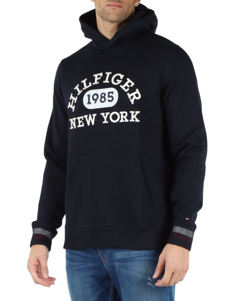 Uomo TOMMY HILFIGER | Felpa Con Cappuccio E Ricamo Logo Blu Scuro