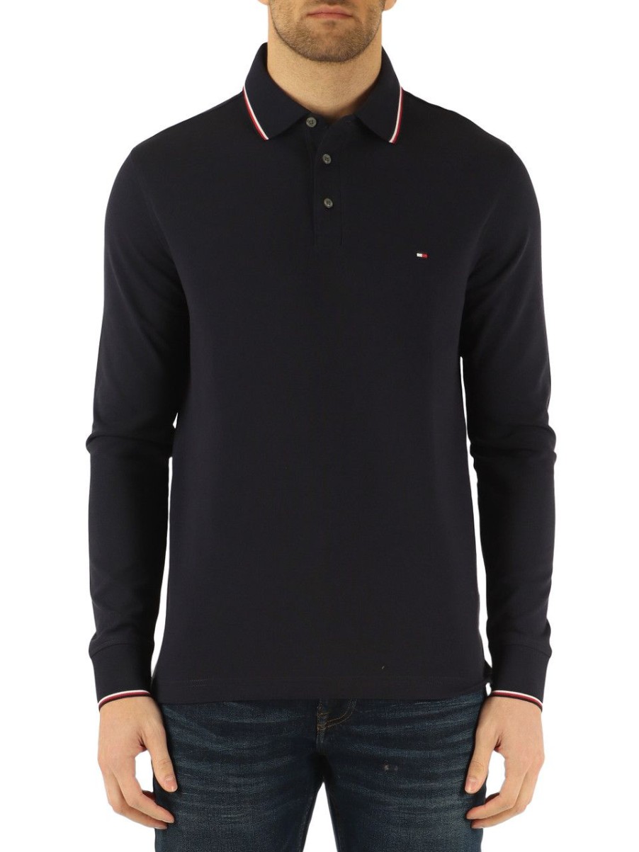 Uomo TOMMY HILFIGER | Polo Slim Fit A Maniche Lunghe In Cotone Piquet Stretch Blu Scuro