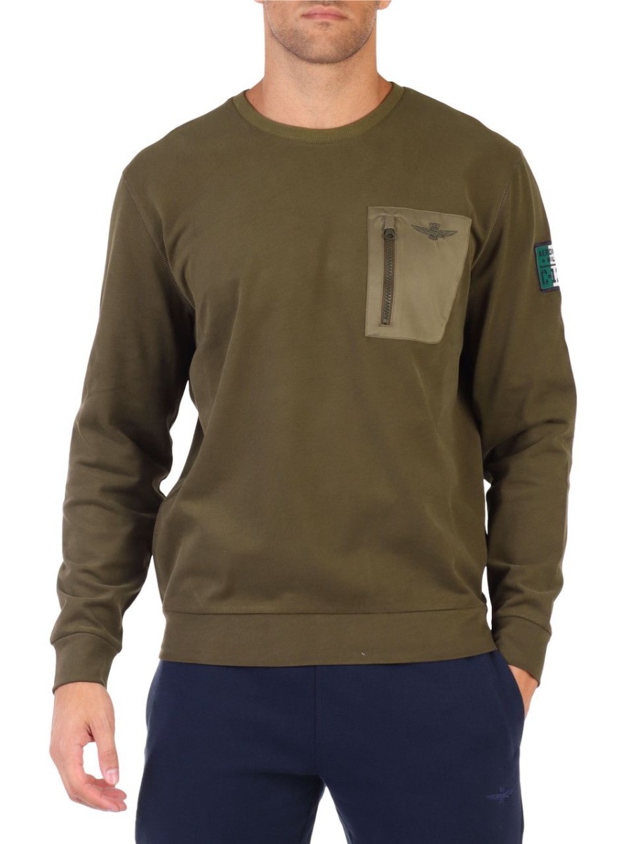 Uomo AERONAUTICA MILITARE | Felpa In Cotone Comfort Fit Con Taschino A Contrasto Verde