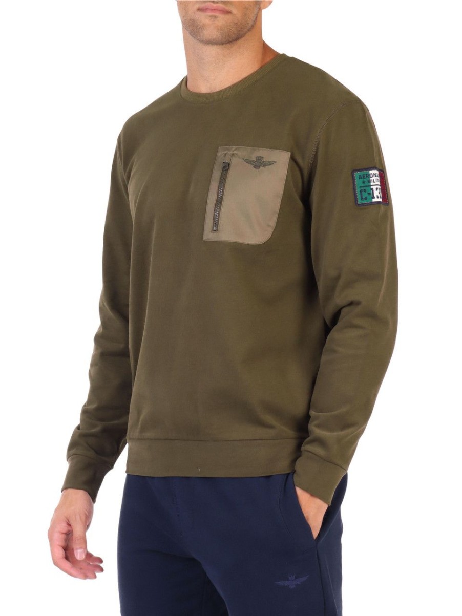 Uomo AERONAUTICA MILITARE | Felpa In Cotone Comfort Fit Con Taschino A Contrasto Verde