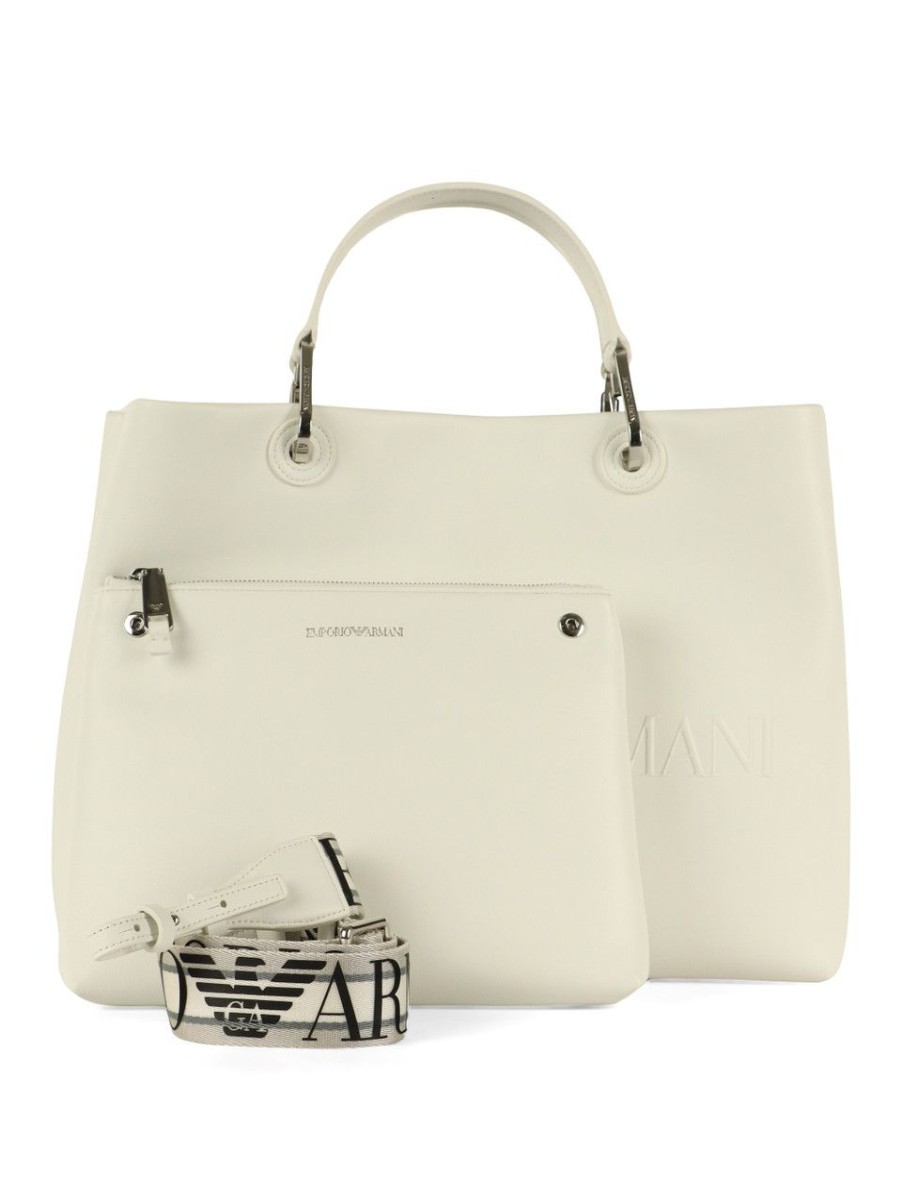 Donna EMPORIO ARMANI | Borsa A Mano Grande Con Stampa Logo A Rilievo Bianco