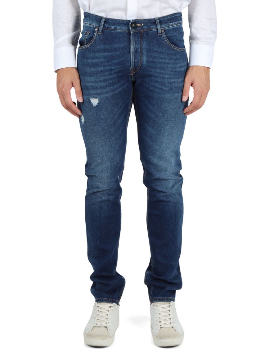 Uomo HANDPICKED | Pantalone Jeans Cinque Tasche Orvieto Effetto Vintage Blu