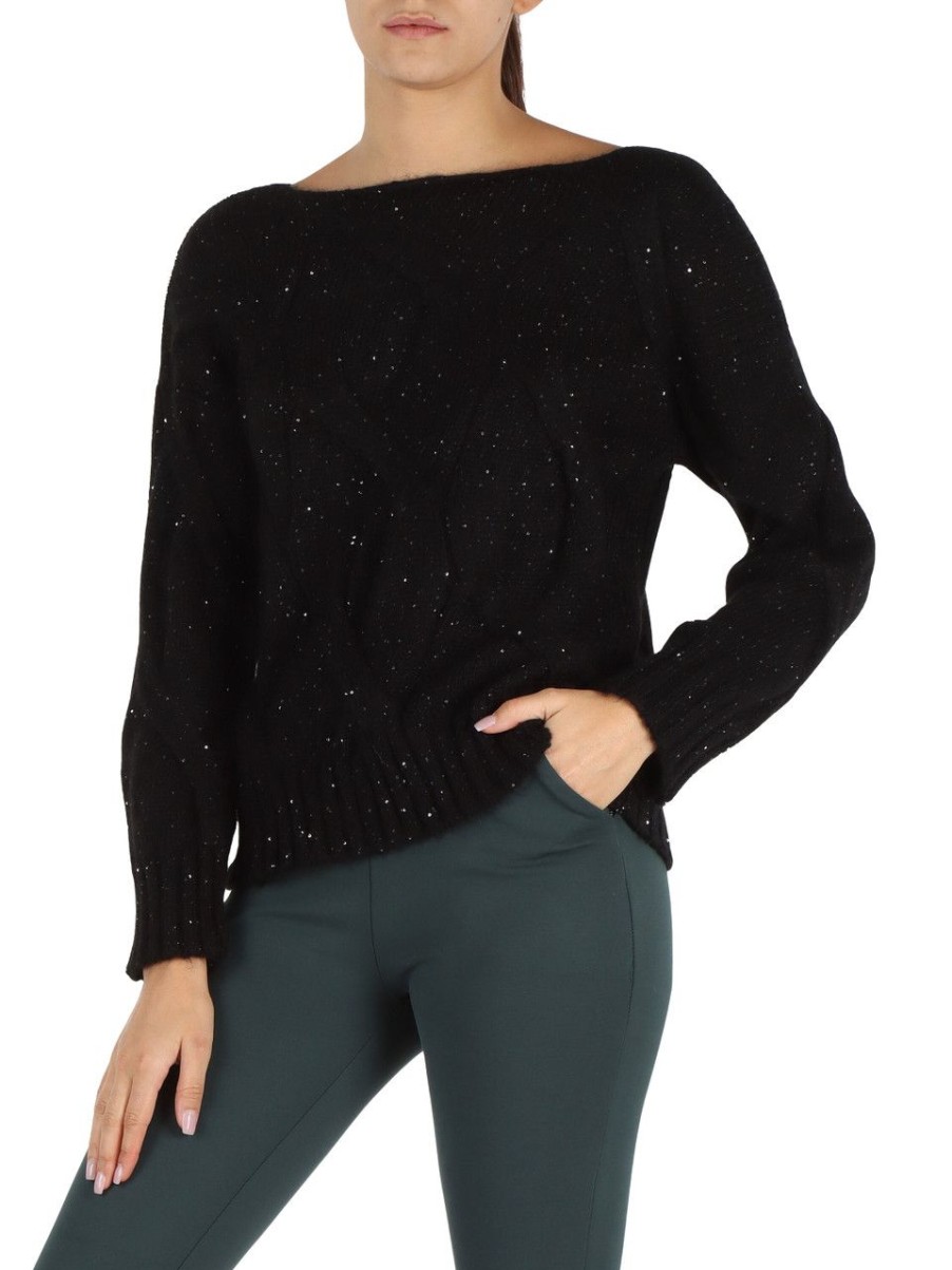 Donna ALPHA STUDIO | Maglia A Trecce In Misto Lana Mohair Con Micro Paillettes Nero