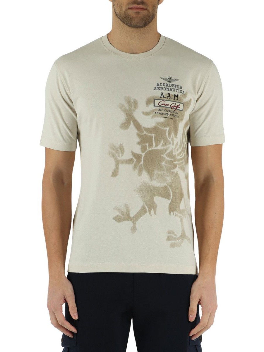 Uomo AERONAUTICA MILITARE | T-Shirt In Cotone Con Ricamo Logo Frontale Panna