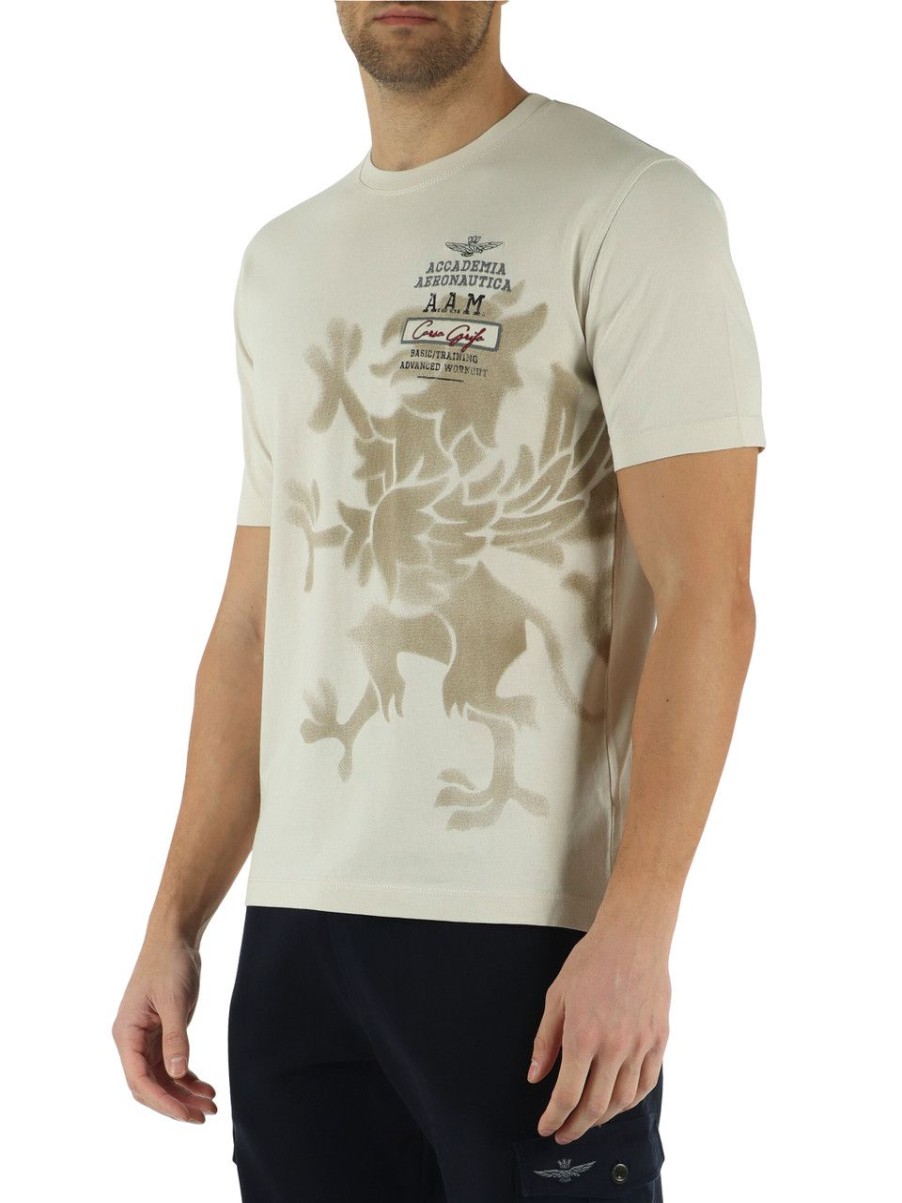 Uomo AERONAUTICA MILITARE | T-Shirt In Cotone Con Ricamo Logo Frontale Panna