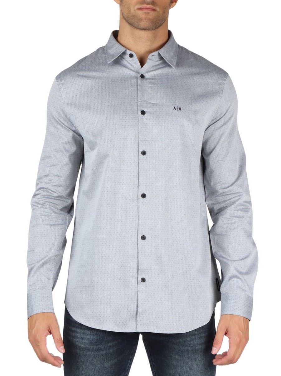 Uomo ARMANI EXCHANGE | Camicia Regular Fit In Cotone Con Ricamo Logo Grigio Chiaro