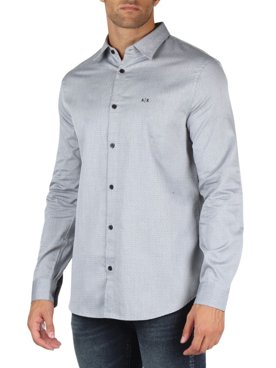 Uomo ARMANI EXCHANGE | Camicia Regular Fit In Cotone Con Ricamo Logo Grigio Chiaro