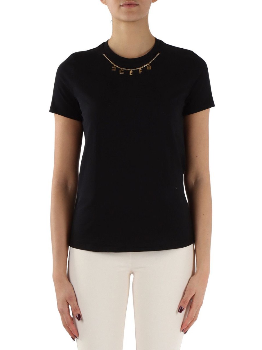 Donna ELISABETTA FRANCHI | T-Shirt In Cotone Con Catena Decorativa Rimovibile Nero