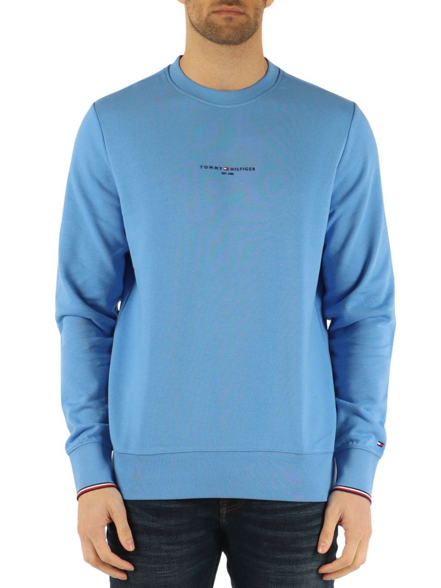 Uomo TOMMY HILFIGER | Felpa In Cotone Garzato Con Scritta Logo Azzurro