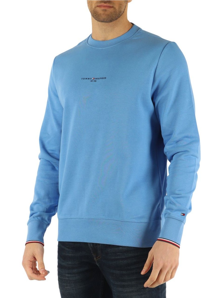 Uomo TOMMY HILFIGER | Felpa In Cotone Garzato Con Scritta Logo Azzurro