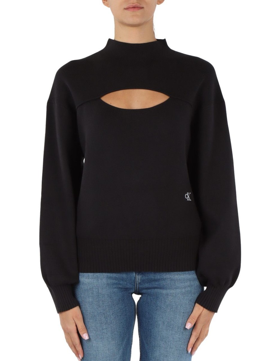 Donna CALVIN KLEIN JEANS | Maglia In Misto Cotone Con Ricamo Logo Nero