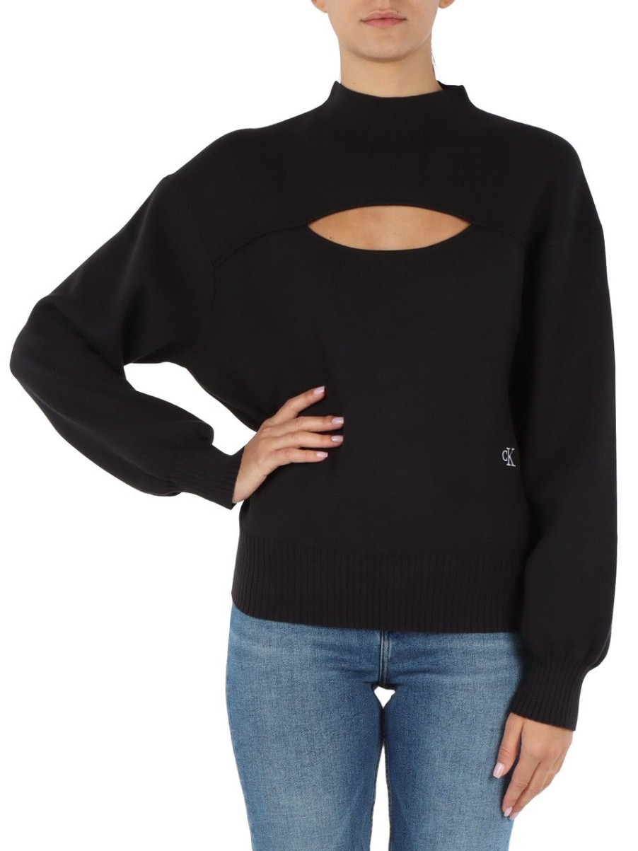 Donna CALVIN KLEIN JEANS | Maglia In Misto Cotone Con Ricamo Logo Nero