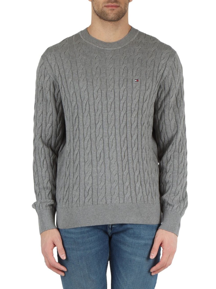 Uomo TOMMY HILFIGER | Maglia A Trecce In Cotone Con Ricamo Logo Grigio