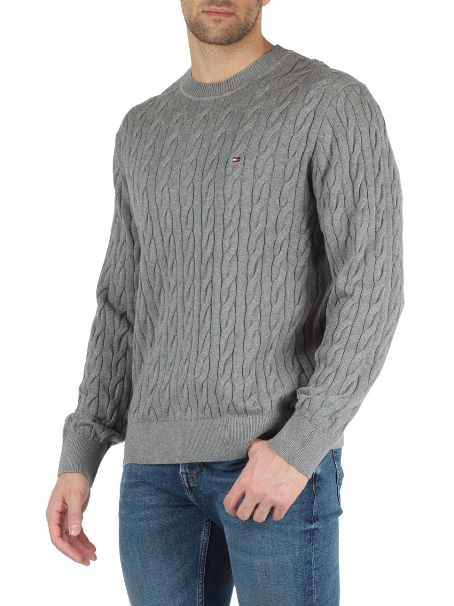 Uomo TOMMY HILFIGER | Maglia A Trecce In Cotone Con Ricamo Logo Grigio