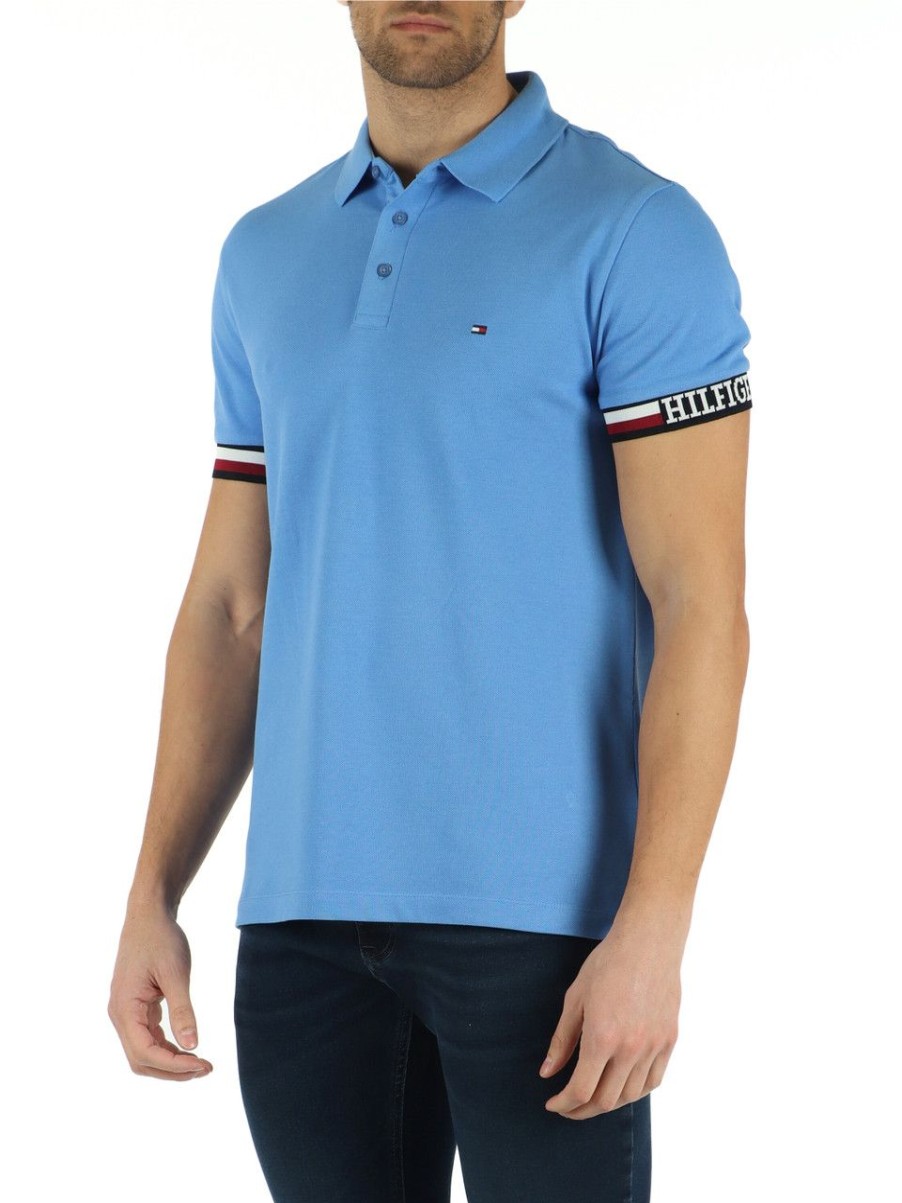 Uomo TOMMY HILFIGER | Polo Slim Fit In Misto Cotone E Viscosa Con Ricamo Logo Azzurro