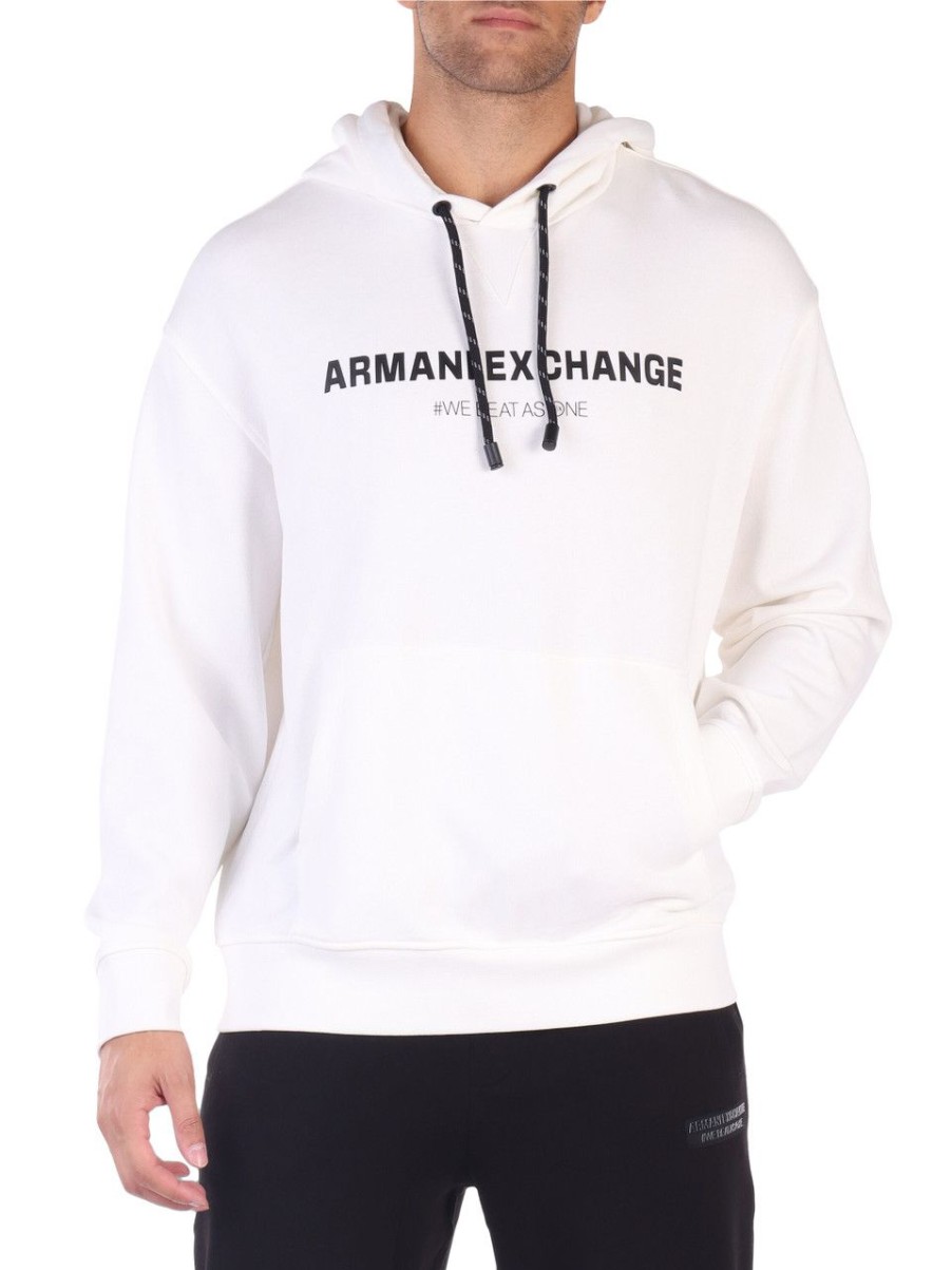 Uomo ARMANI EXCHANGE | Felpa Con Cappuccio In Misto Cotone Garzato Con Scritta Logo Panna