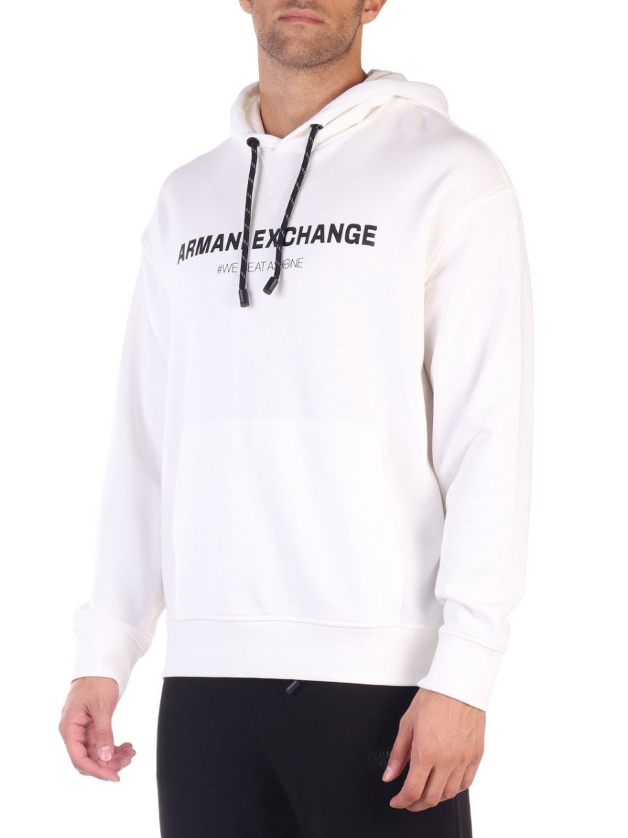 Uomo ARMANI EXCHANGE | Felpa Con Cappuccio In Misto Cotone Garzato Con Scritta Logo Panna