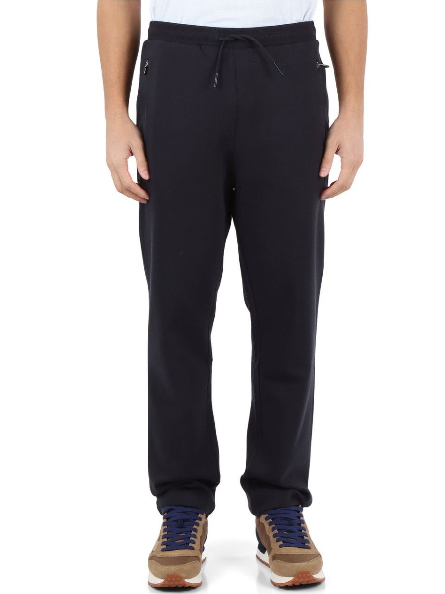 Uomo BOSS | Pantalone Sportivo In Cotone Stretch Con Scritta Logo Blu Scuro