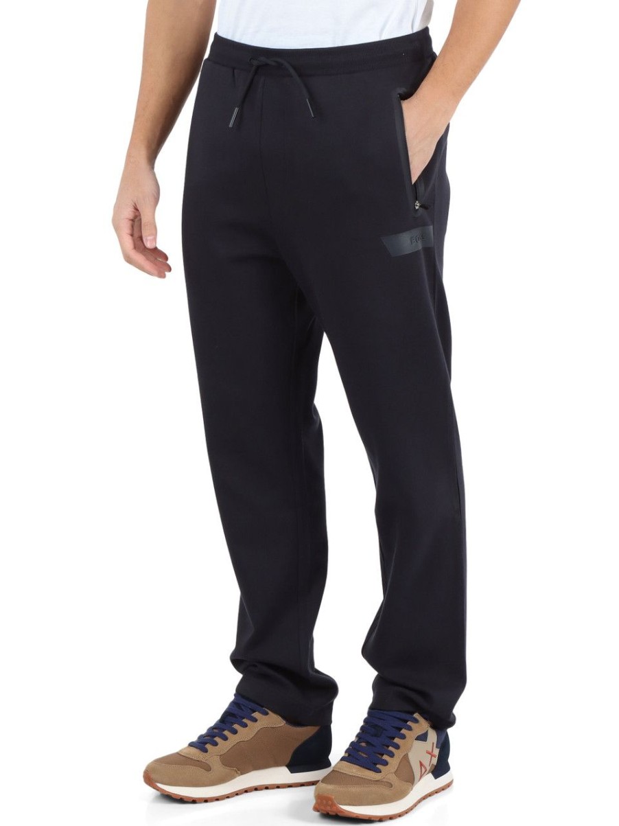 Uomo BOSS | Pantalone Sportivo In Cotone Stretch Con Scritta Logo Blu Scuro