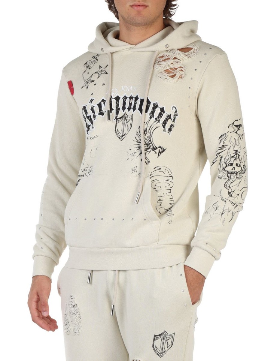 Uomo RICHMOND | Felpa Regular Fit In Cotone Con Aree Destroyed Beige