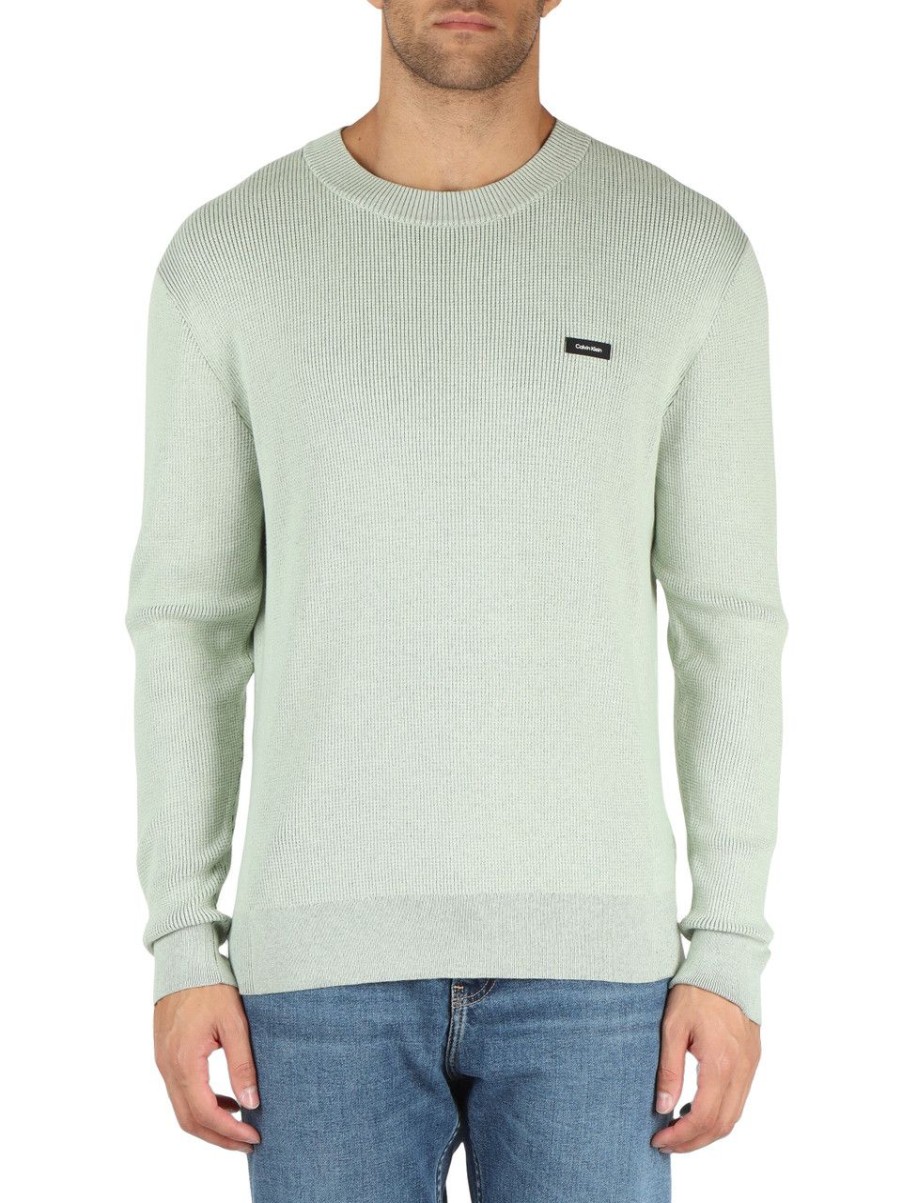 Uomo CALVIN KLEIN | Maglia Girocollo In Misto Cotone Con Patch Logo Verde Chiaro