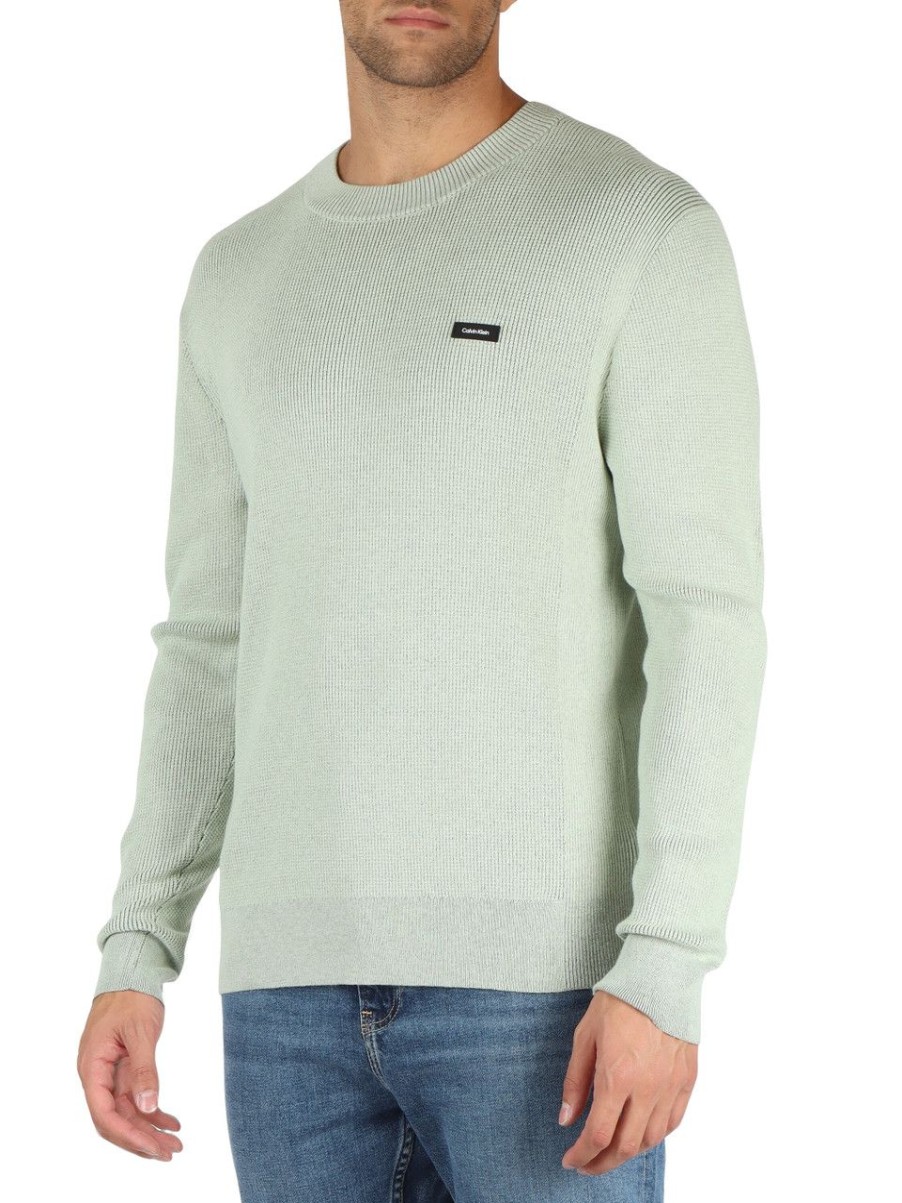 Uomo CALVIN KLEIN | Maglia Girocollo In Misto Cotone Con Patch Logo Verde Chiaro