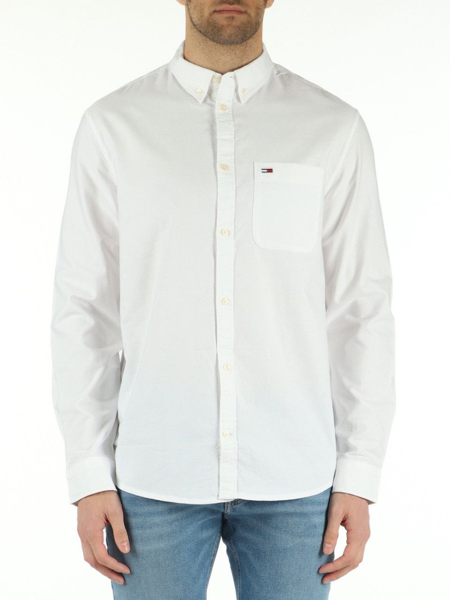 Uomo TOMMY HILFIGER | Camicia In Cotone Con Ricamo Logo Frontale Bianco