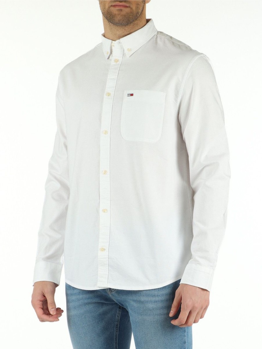 Uomo TOMMY HILFIGER | Camicia In Cotone Con Ricamo Logo Frontale Bianco