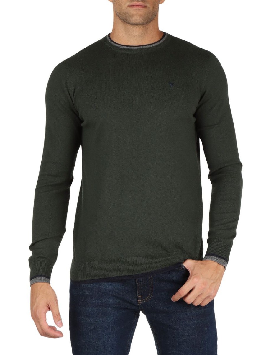 Uomo FRED MELLO | Maglia Girocollo In Cotone E Lana Con Inserti A Contrasto Verde Scuro