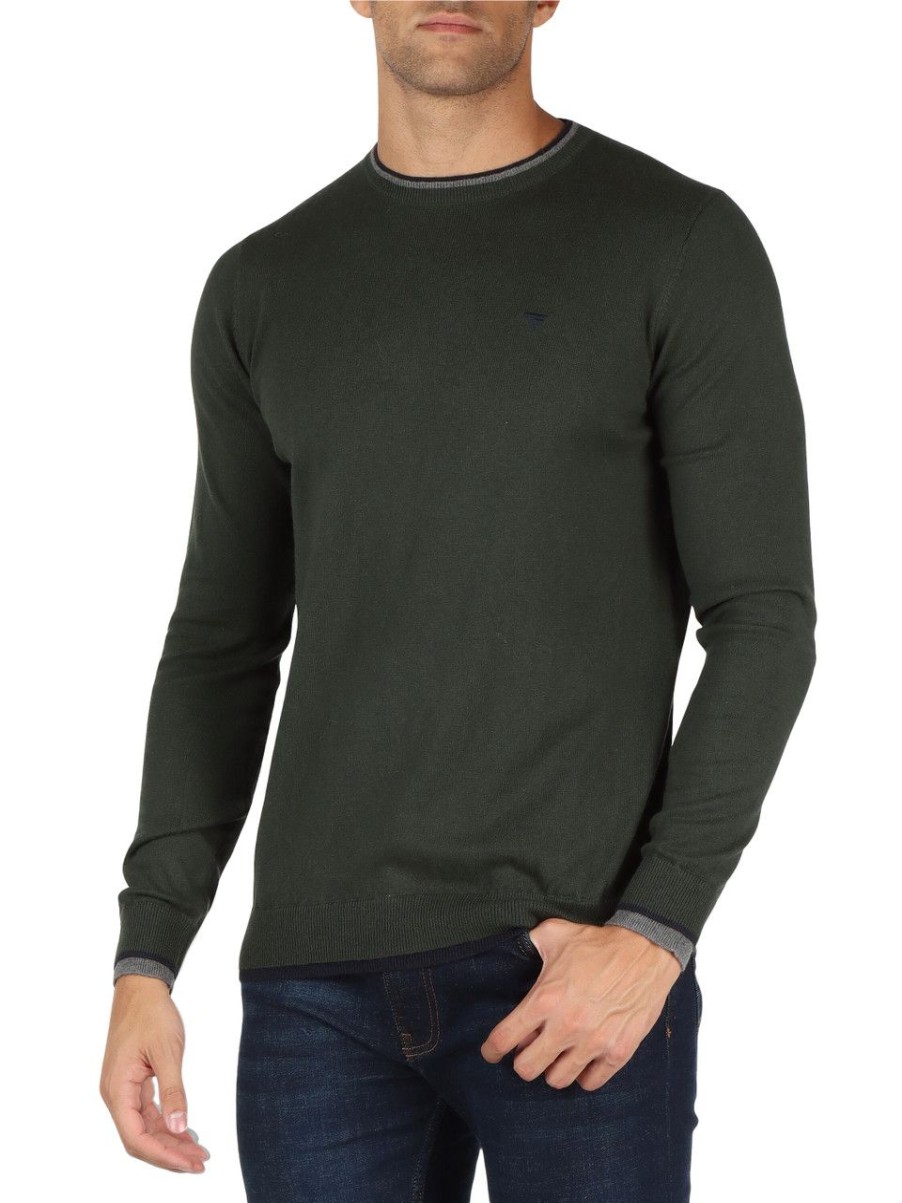 Uomo FRED MELLO | Maglia Girocollo In Cotone E Lana Con Inserti A Contrasto Verde Scuro