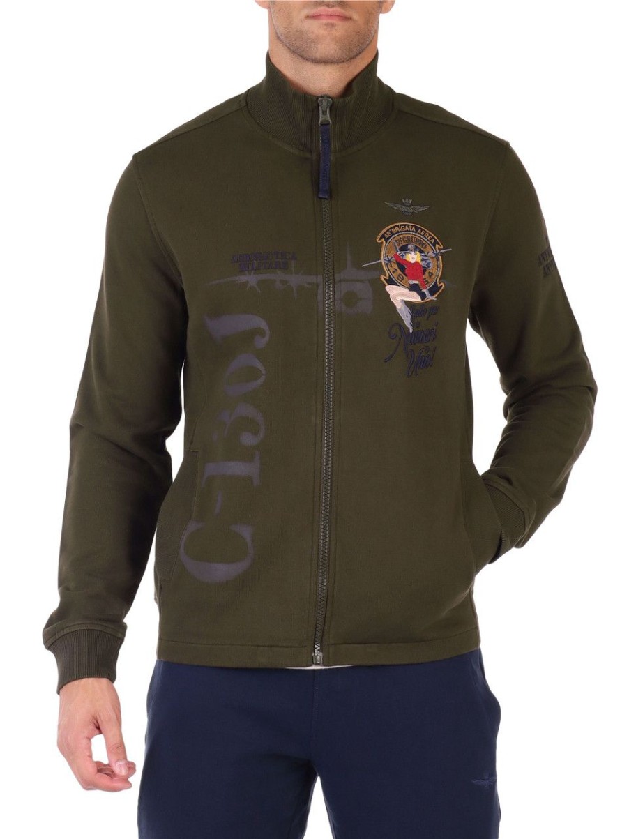 Uomo AERONAUTICA MILITARE | Felpa Regular Fit In Cotone Garzato Con Ricami Verde Scuro